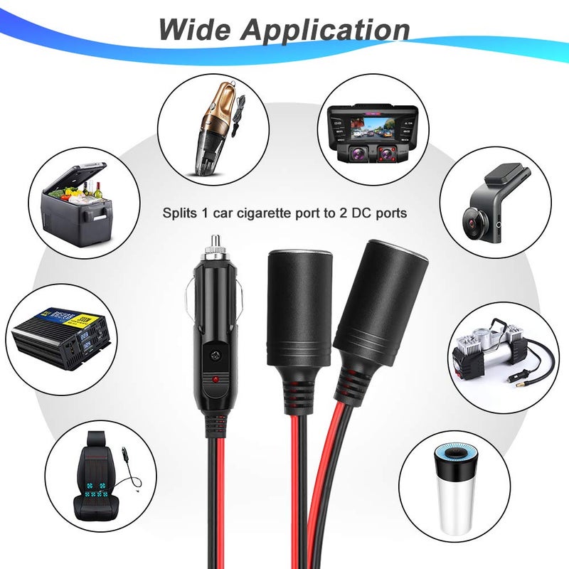 ELECTOP 1 to 2 Car Cigarette Lighter Splitter Adapter Power Charger Port, 6Ft Cigarette Lighter Extension Cord Cable 16AWG UL Wire, 12V 24V Plug Socket 2-Way Splitter Y Adapter with 15A Fuse - Image 5